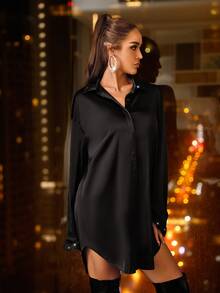 Fuzzy Cuff Curved Hem Shirt Dress - Black - View 6