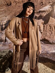 PUNK Plus Lapel Neck Fringe Hem Suede Coat - Camel - View 3