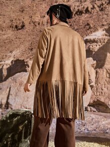 PUNK Plus Lapel Neck Fringe Hem Suede Coat - Camel - View 2