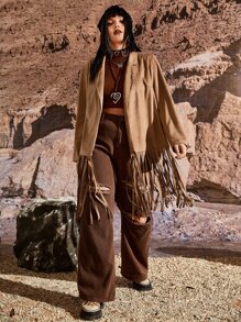 PUNK Plus Lapel Neck Fringe Hem Suede Coat - Camel - View 5