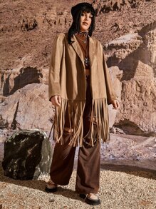 PUNK Plus Lapel Neck Fringe Hem Suede Coat - Camel - View 6