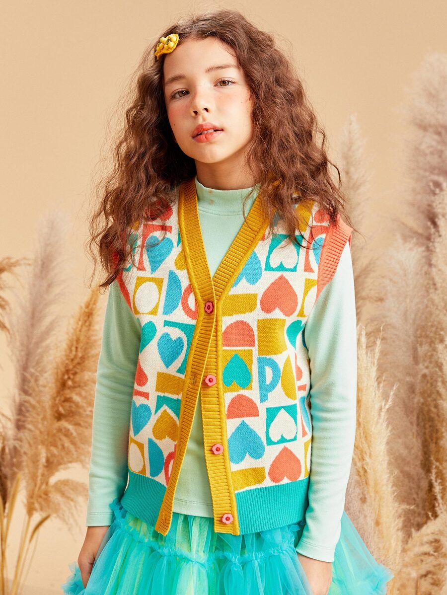 Girls Heart Pattern Vest Cardigan - Multicolor - View 1