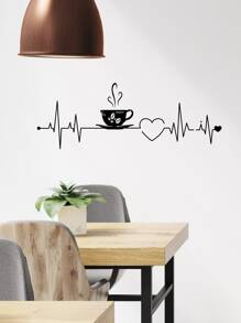 1pc Coffee Cup & Heart Pattern Wall Sticker, PVC Self Adhesive Wall Art Decal For Home Decor - Black - View 3