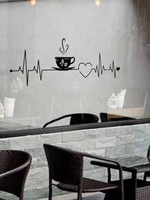 1pc Coffee Cup & Heart Pattern Wall Sticker, PVC Self Adhesive Wall Art Decal For Home Decor - Black - View 5