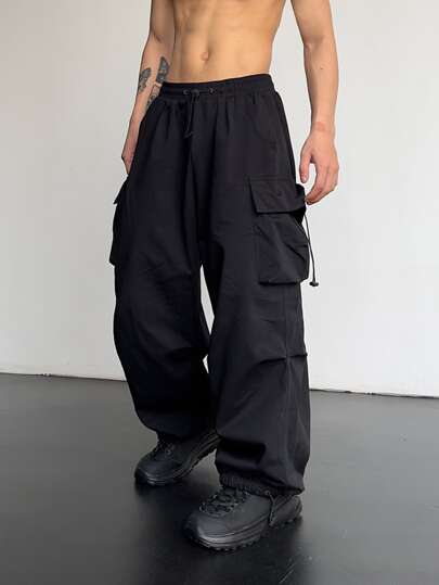 Men Flap Pocket Side Drawstring Waist Pants