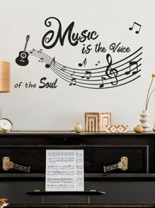 1pc Musical Note & Slogan Graphic Wall Sticker - Black - View 6
