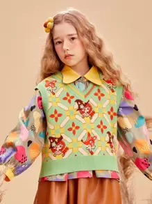 Girls Figure & Geo Pattern Sweater Vest Without Shirt - Multicolor - View 1