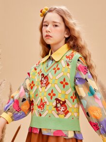 Girls Figure & Geo Pattern Sweater Vest Without Shirt - Multicolor - View 3