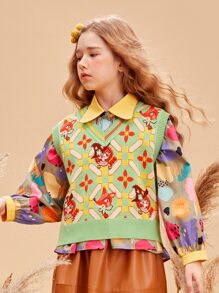 Girls Figure & Geo Pattern Sweater Vest Without Shirt - Multicolor - View 4