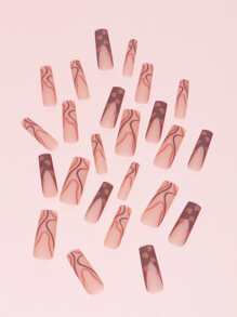 Transform Your Nails with 24pcs Extra Long Coffin Nude Khaki Matte Heart Line Fake Nail & 1sheet Tape & 1pc Nail File - Multicolor - View 3