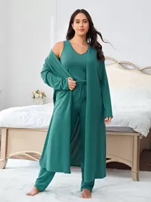 Plus Solid Robe & Tank Top & Trousers PJ Set - Cadet Blue - View 1