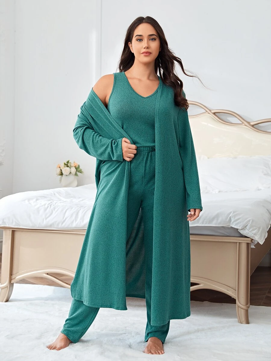Plus Solid Robe & Tank Top & Trousers PJ Set - Cadet Blue - View 1