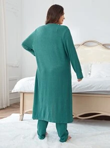 Plus Solid Robe & Tank Top & Trousers PJ Set - Cadet Blue - View 2