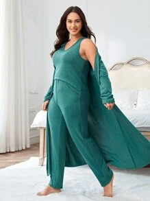 Plus Solid Robe & Tank Top & Trousers PJ Set - Cadet Blue - View 3