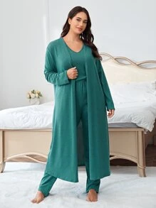 Plus Solid Robe & Tank Top & Trousers PJ Set - Cadet Blue - View 4