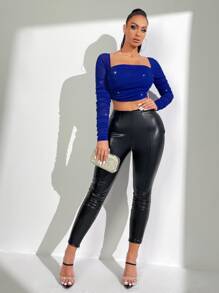 SHEIN SXY Square Neck Ruched Glitter Crop Top - Blue - View 3