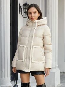 ZIAI Contrast Trim Hooded Padded Coat - Beige - View 1