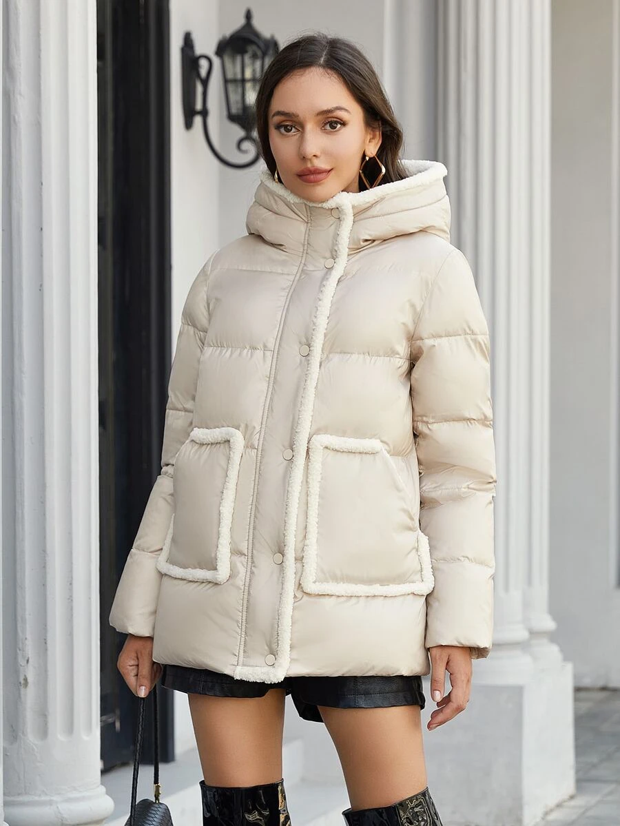 ZIAI Contrast Trim Hooded Padded Coat - Beige - View 1