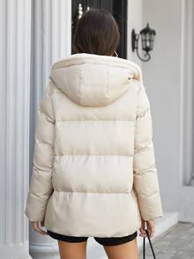 ZIAI Contrast Trim Hooded Padded Coat - Beige - View 2