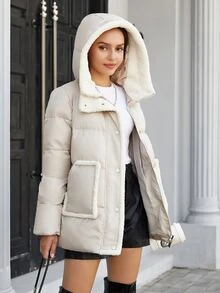 ZIAI Contrast Trim Hooded Padded Coat - Beige - View 3