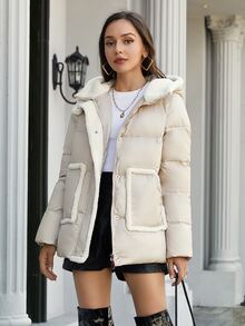 ZIAI Contrast Trim Hooded Padded Coat - Beige - View 4