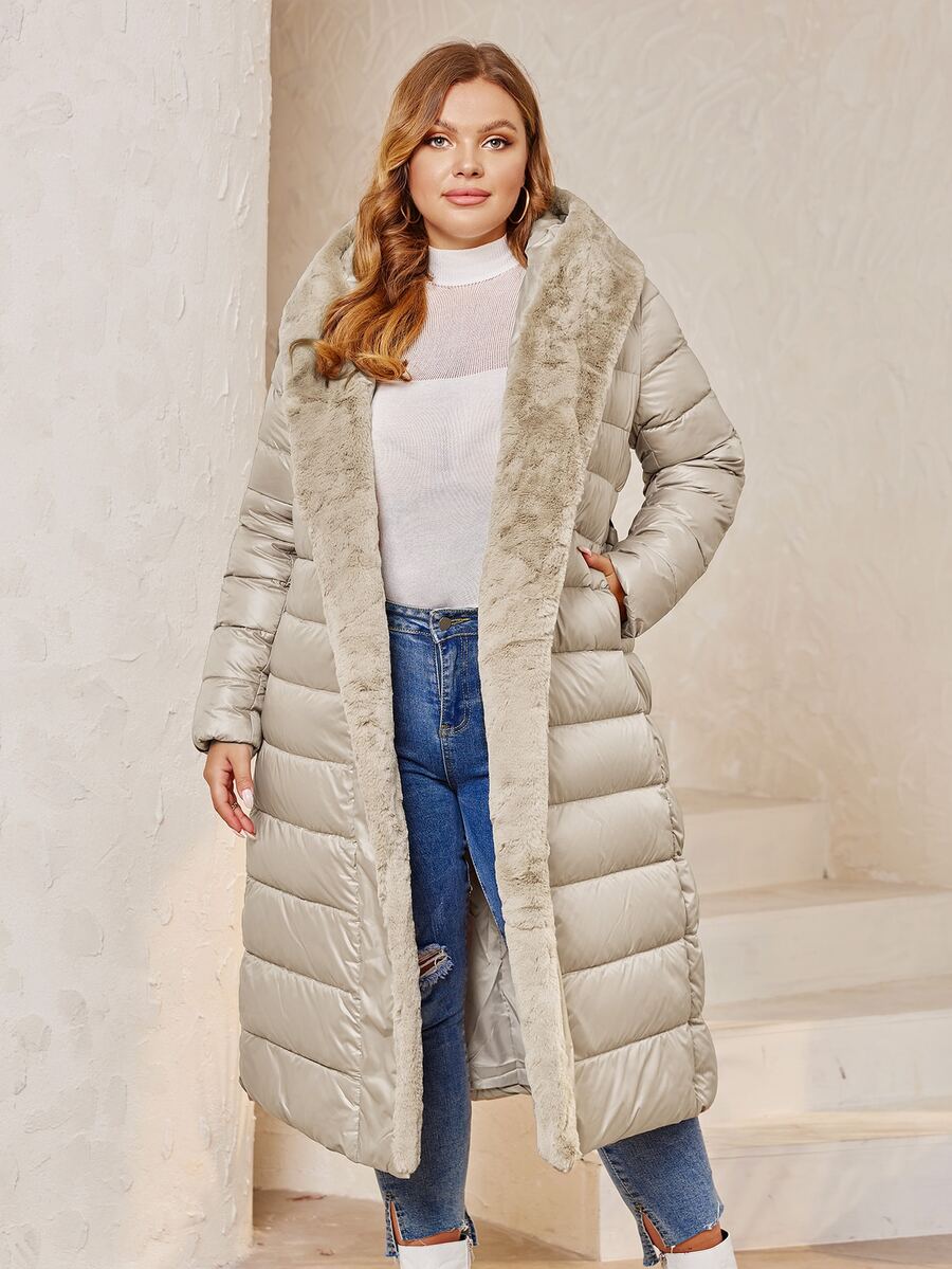 Astrid Plus Fuzzy Trim Hooded Padded Coat, For Winter - Beige - View 1