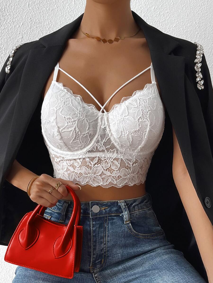 Chiquease Solid Criss Cross Crop Lace Cami Top For Holiday Party Clothes - White - View 1