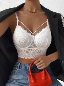 Chiquease Solid Criss Cross Crop Lace Cami Top For Holiday Party Clothes - White - View 3