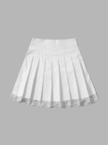ROMWE Kawaii Solid Contrast Lace Pleated Skirt - White - View 2