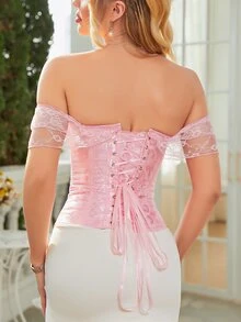女士露肩撞色蕾丝提花塑身上衣，适合万圣节 - 淺粉色 - 查看 2