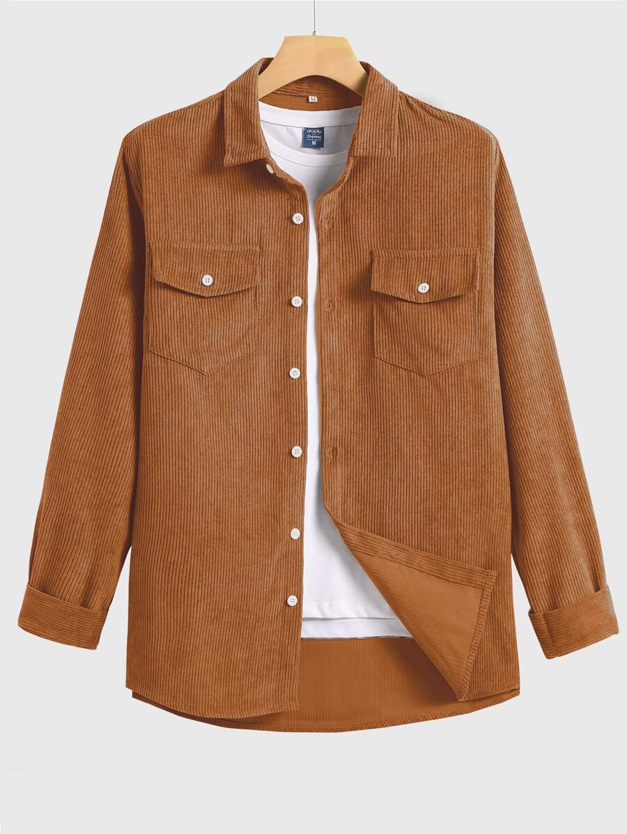 Manfinity Homme Men 1pc Corduroy Flap Pocket Button Front Shirt