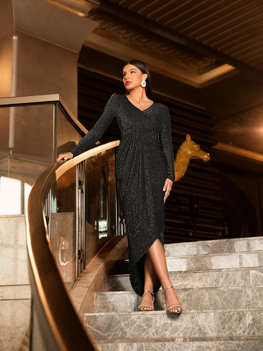 Modelyn Asymmetrical Hem Glitter Prom Dress - Black - View 1