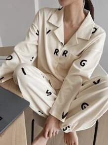 DAZY Bộ đồ ngủ Nữ Nút phía trước Lá thư Giải trí - Màu be - Xem 3