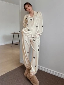 DAZY Bộ đồ ngủ Nữ Nút phía trước Lá thư Giải trí - Màu be - Xem 4