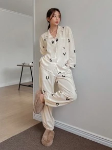 DAZY Bộ đồ ngủ Nữ Nút phía trước Lá thư Giải trí - Màu be - Xem 6