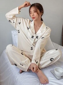 DAZY Bộ đồ ngủ Nữ Nút phía trước Lá thư Giải trí - Màu be - Xem 7