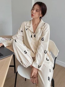 DAZY Bộ đồ ngủ Nữ Nút phía trước Lá thư Giải trí - Màu be - Xem 8