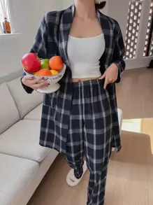 DAZY 2pack Plaid Print Belted Robe & Trousers Without Liner - Navy Blue - View 1