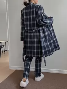 DAZY 2pack Plaid Print Belted Robe & Trousers Without Liner - Navy Blue - View 2