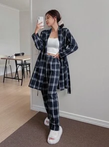 DAZY 2pack Plaid Print Belted Robe & Trousers Without Liner - Navy Blue - View 3