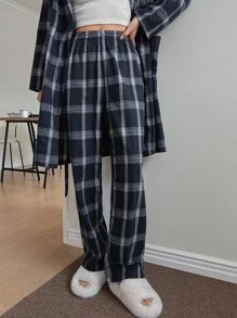 DAZY 2pack Plaid Print Belted Robe & Trousers Without Liner - Navy Blue - View 5