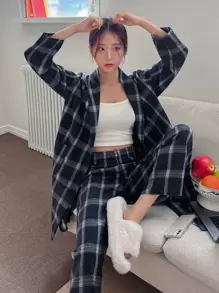 DAZY 2pack Plaid Print Belted Robe & Trousers Without Liner - Navy Blue - View 6