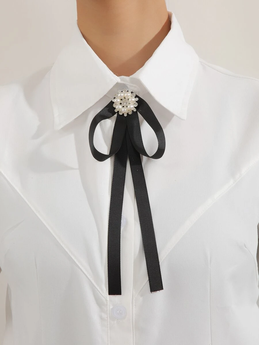 Lazo con diamante de imitación y perla artificial - Negro - Ver 1