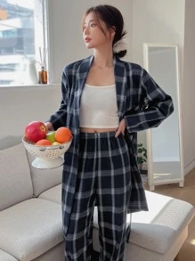DAZY 2pack Plaid Print Belted Robe & Trousers Without Liner - Navy Blue - View 7