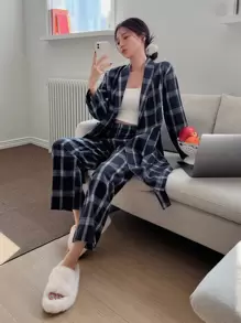 DAZY 2pack Plaid Print Belted Robe & Trousers Without Liner - Navy Blue - View 9