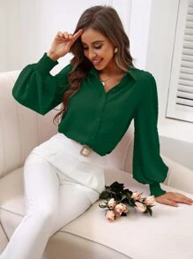 SHEIN Frenchy 圓點打褶燈籠袖襯衫 - 墨綠色 - 查看 5