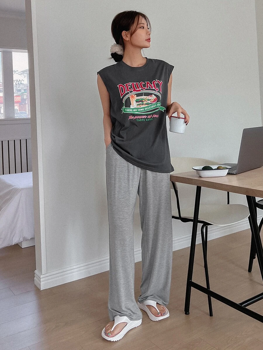 DAZY Food & Slogan Graphic Lounge Set Pajama - Grey - View 1