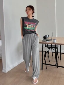 DAZY Food & Slogan Graphic Lounge Set Pajama - Grey - View 4