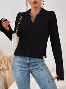 Chiquease Slit Side Ribbed Knit Jumper - Black - View 5