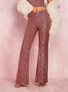 SHEIN BAE Women's Classic High Waist Glitter Flared Pants For Gorgeous Party Look - Pink - View 1